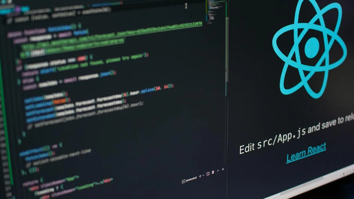 Code in an editor next to the React logo.