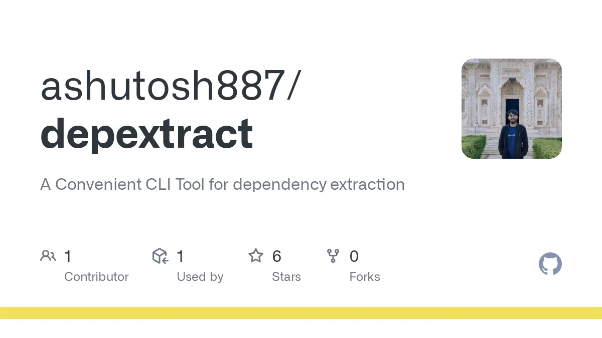 The GitHub card for ashutosh887/depextract, a CLI tool for dependency extraction.