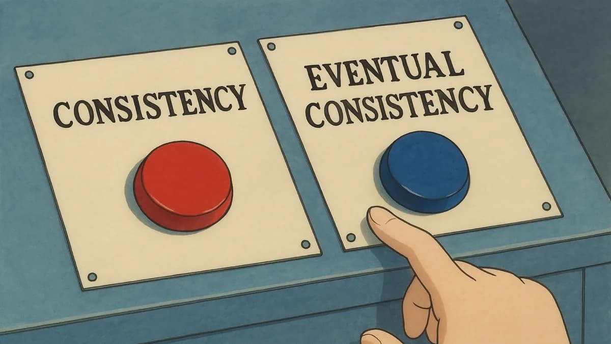 A hand choosing between two buttons labelled Consistency and Eventual consistency.