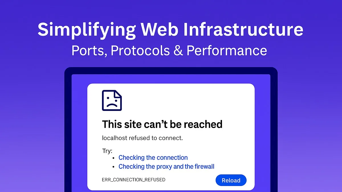 A laptop showing a This site can't be reached error, under the title Simplifying Web Infrastructure.